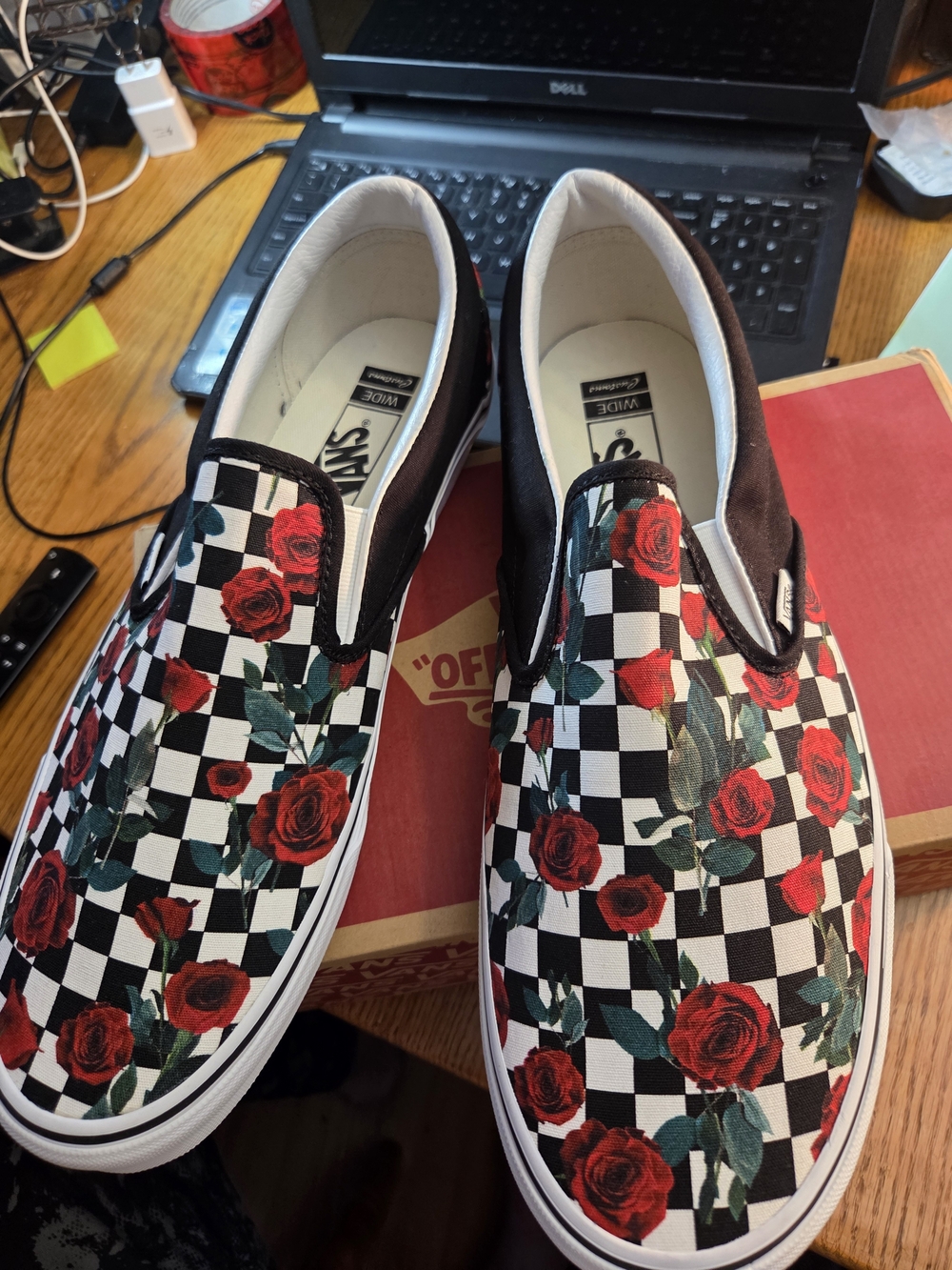Vans Slip-On Sneakers — Black & White Checker with Red Rose Print.